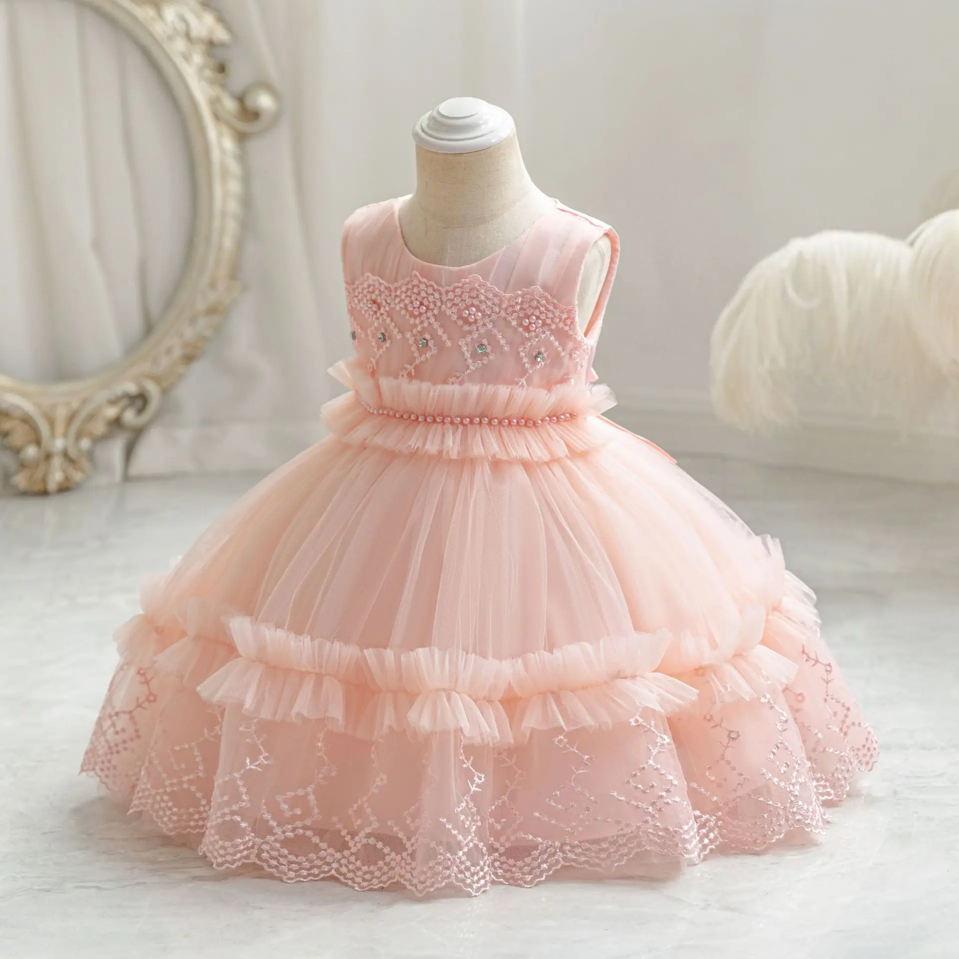 Baby Peuter Geborduurd Geappliqueerde Bruiloft Bloem Meisjes Verjaardagsfeestje Optocht Peuter Formele Jurk Cupcake Tutu Tt103