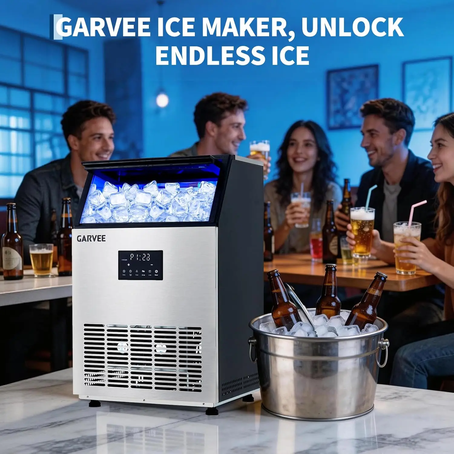 Commercial Ice Maker Machine 150LBS/24H, 40LBS Storage Bin, Fast Ice Making, Dual Water Inlet & Auto Self-Cleaning for home view 6