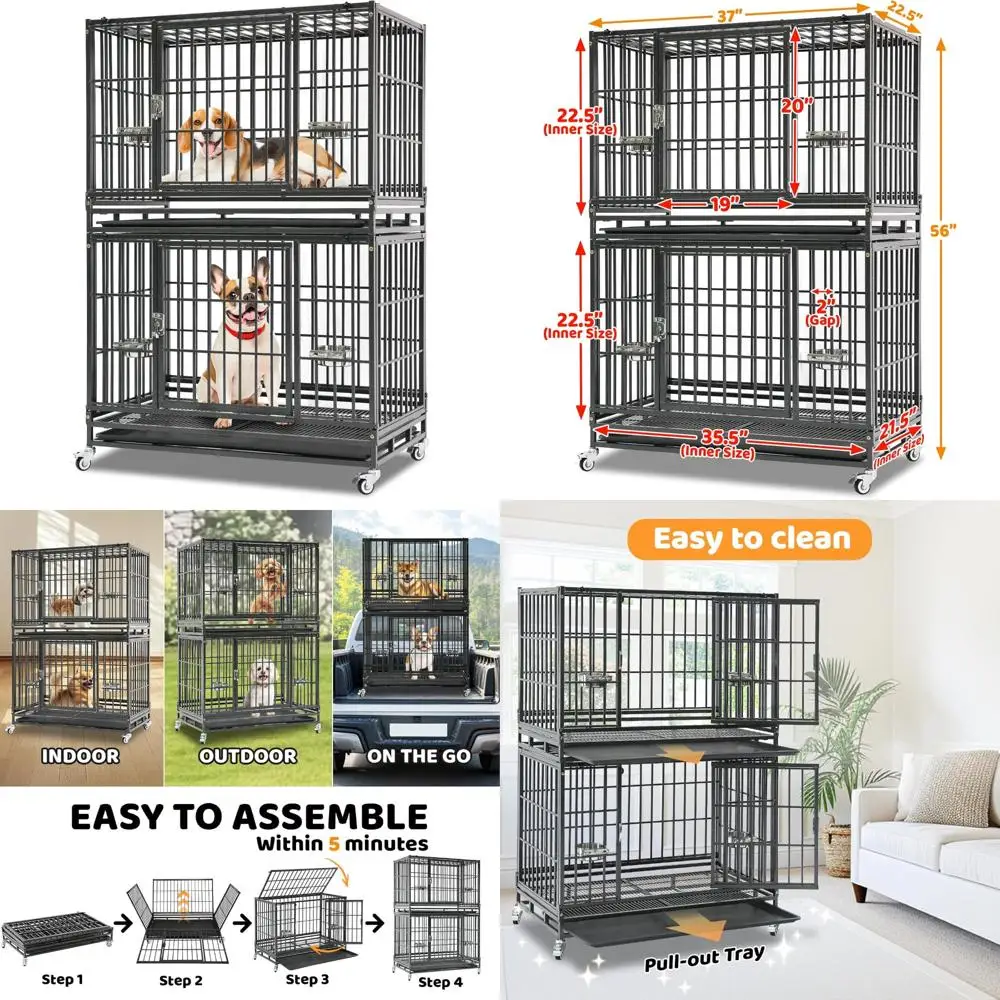 

Stackable 37 Inch Homey Pet Heavy-Duty Dog Crate with Feeding Bowls, Lockable Wheels, Removable Tray, and Escape Proof Design