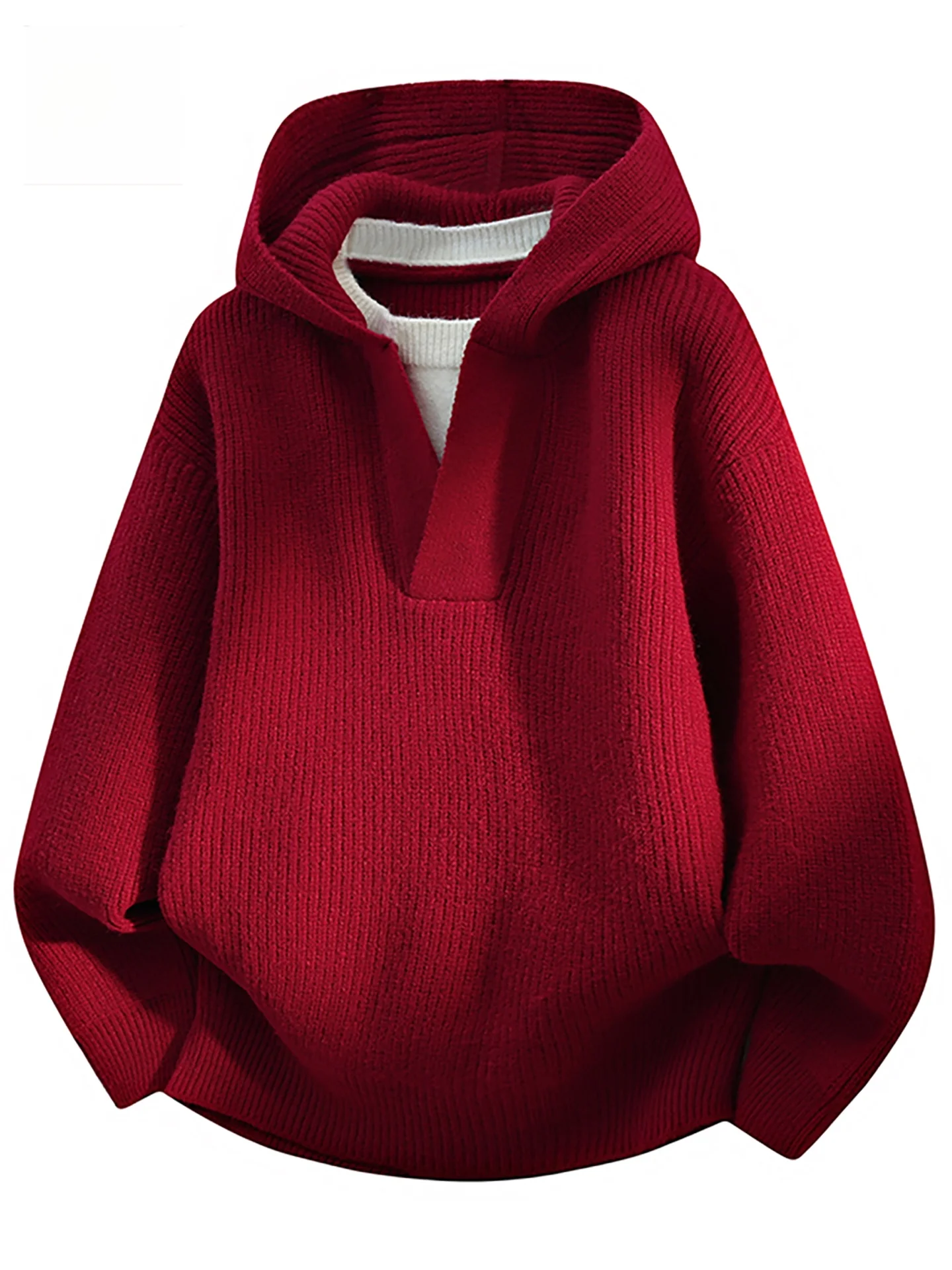 

Thiened Hooded Knitted Sweater Men's New Year Red Casual Sle Warmth Breathable Zipper Closure Fake Two-Piece Pullover Swe...