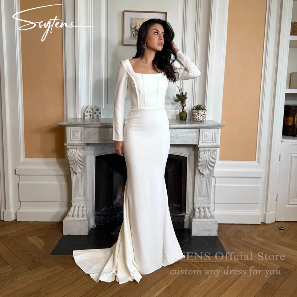 

SSYTENS Minimalism Wedding Dresses Mermaid White Satin Mermaid Vestido De Novia Civil Boda Long Sleeves Bridal Gowns Customized