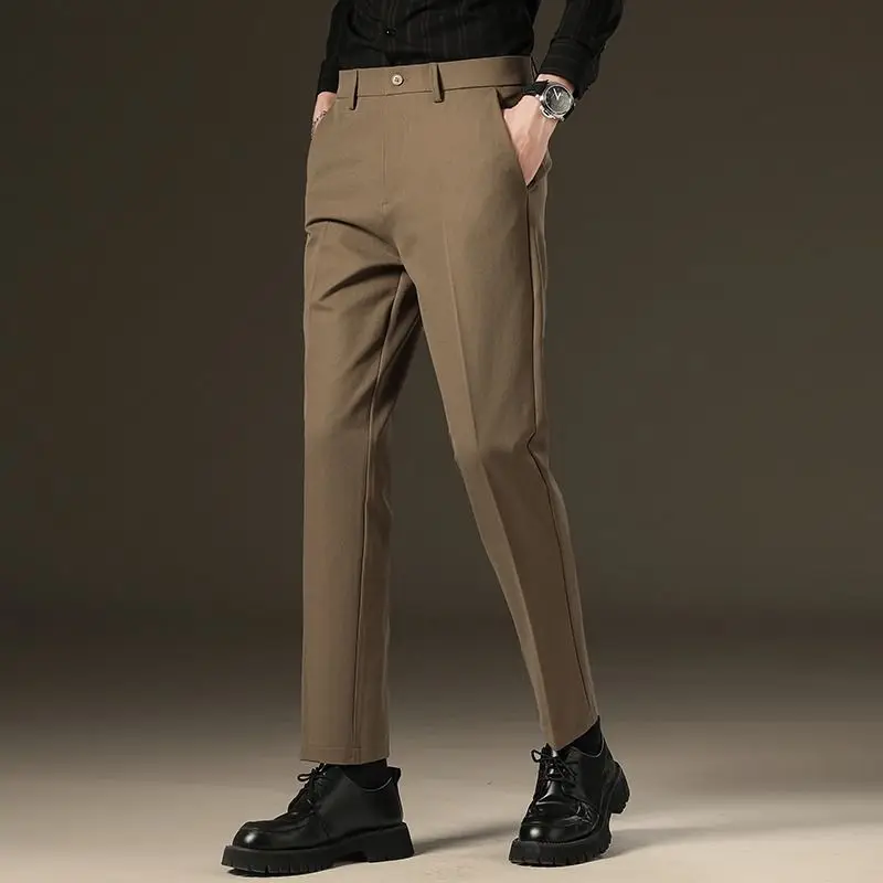 Male Pants Stretch Brown Casual Men\'s Trousers Office Quick Dry Suit Pants New Spring Autumn Korean Straight Pants