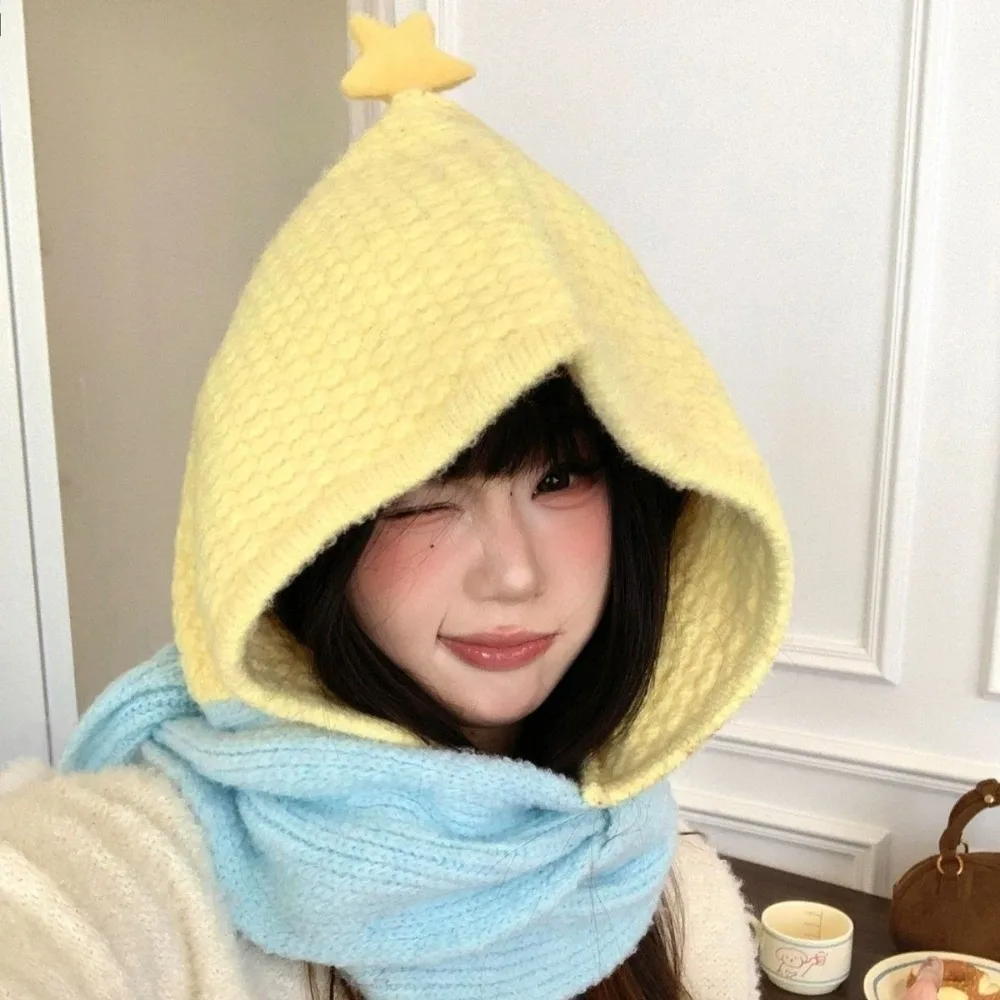 Fashion 2-in-1 Knitted Hat Scarf Keep Warm Windproof Balaclava Hats Soft Sweet Winter Hooded Scarf Outdoor