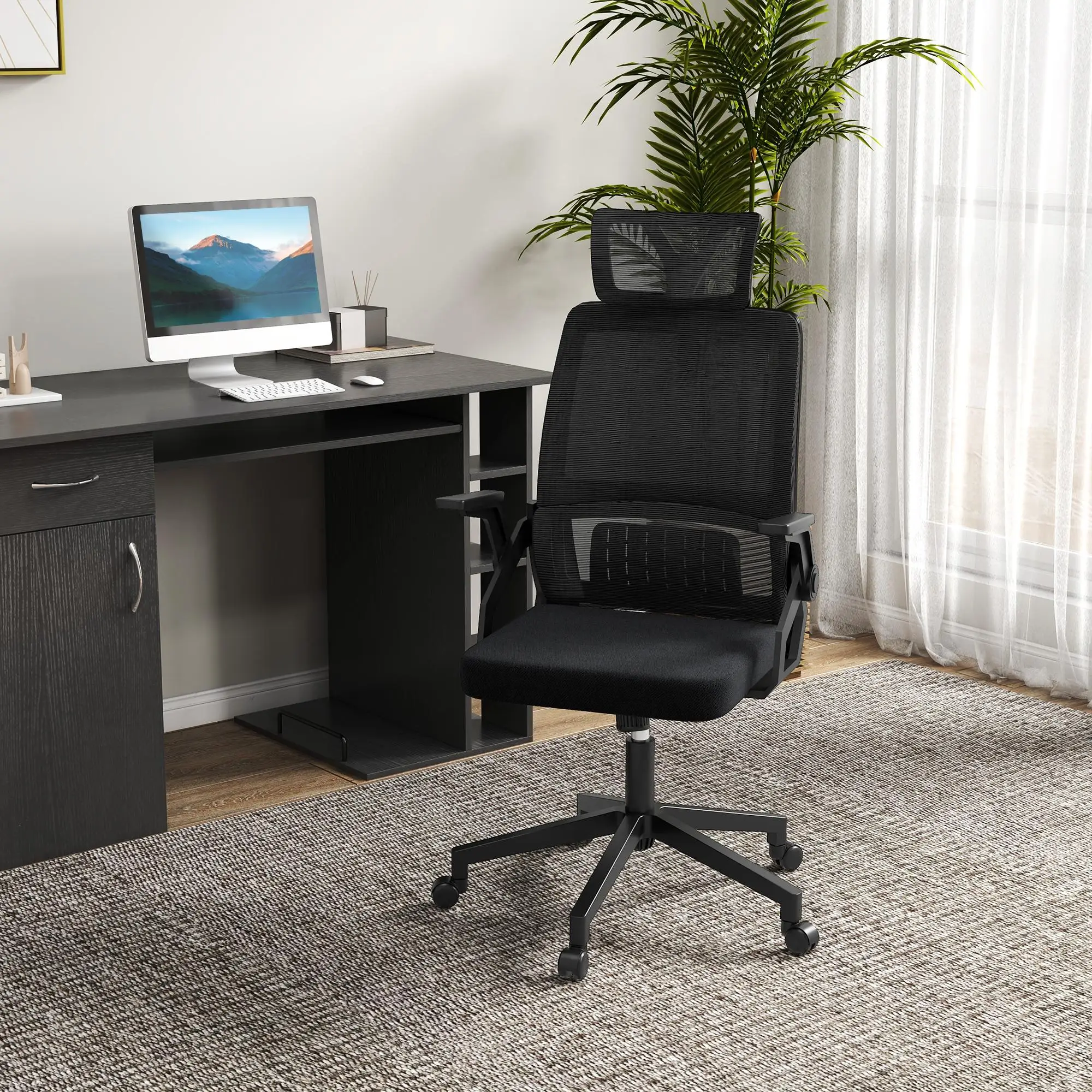 Chaise de bureau pivotante en maille, 60x61x104,5-121,5 cm, réglable en hauteur avec appui-tête