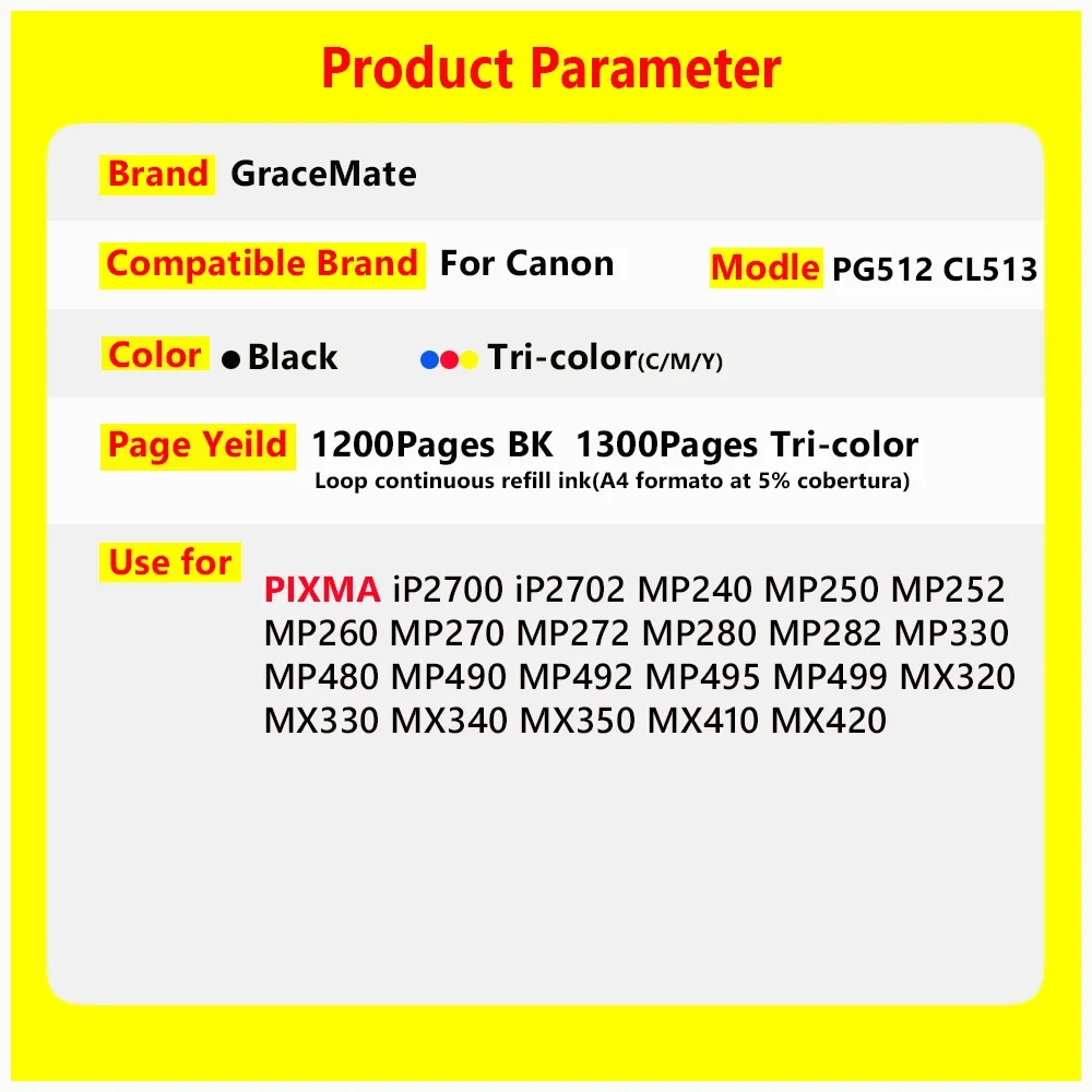 PG512 CL513 Refillable Ink Cartridge pg512 Replacement for Canon PIXMA mp230 mp250 MP240 MP270 MP480 MP499 IP2700 MX320 MX420