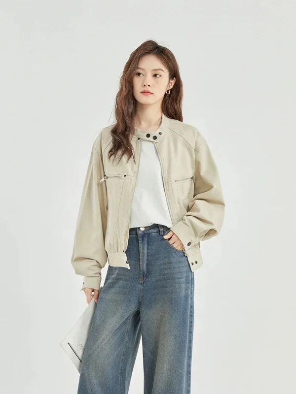 

Fashionable Workwear Jacket Women's Short Outerwear Washed Style Stand Collar All-Match Korean Version Autumn New Arrival