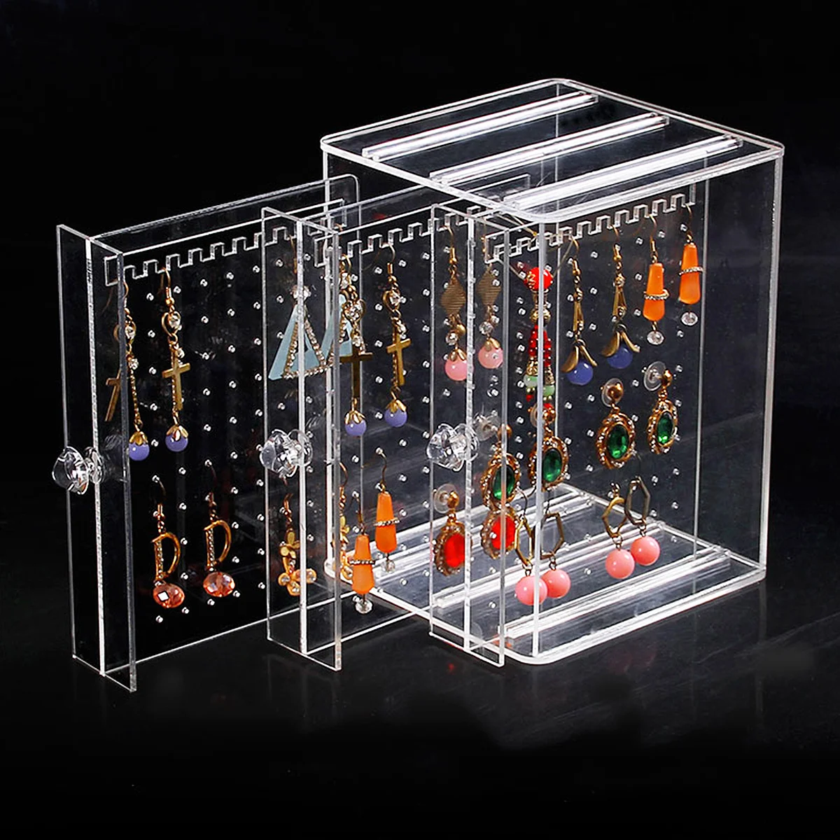 

1pc Ear Studs Earring Storage Box Transparent Jewelry Organizer With Hooks Drawer Design Dustproof Portable Stand For Small Art
