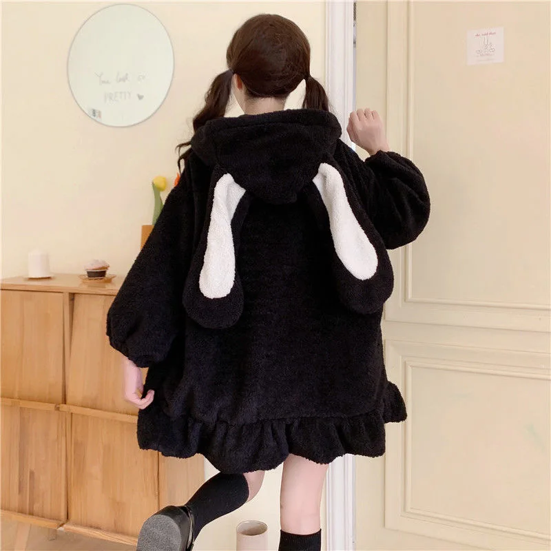 Kawaii Hoodies Women Lolita Winter Warm Lambswool Oversized Sweatshirt Cute Bunny Ears Long Sleeve Zip Up Hooded Fleece Jacket