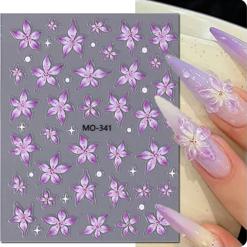 

5D Embossed Nail Art Decals Purple Lily Florals Flowers Adhesive Sliders Nails Stickers Decorations For Manicure