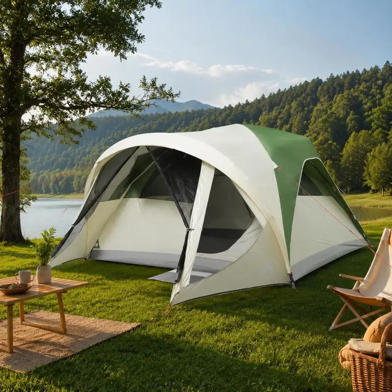 Tente tunnel pour 6 personnes, abri de camping spacieux à plusieurs pièces avec portes ventilées, pour camping familial, patio, jardin, extérieur, voyage
