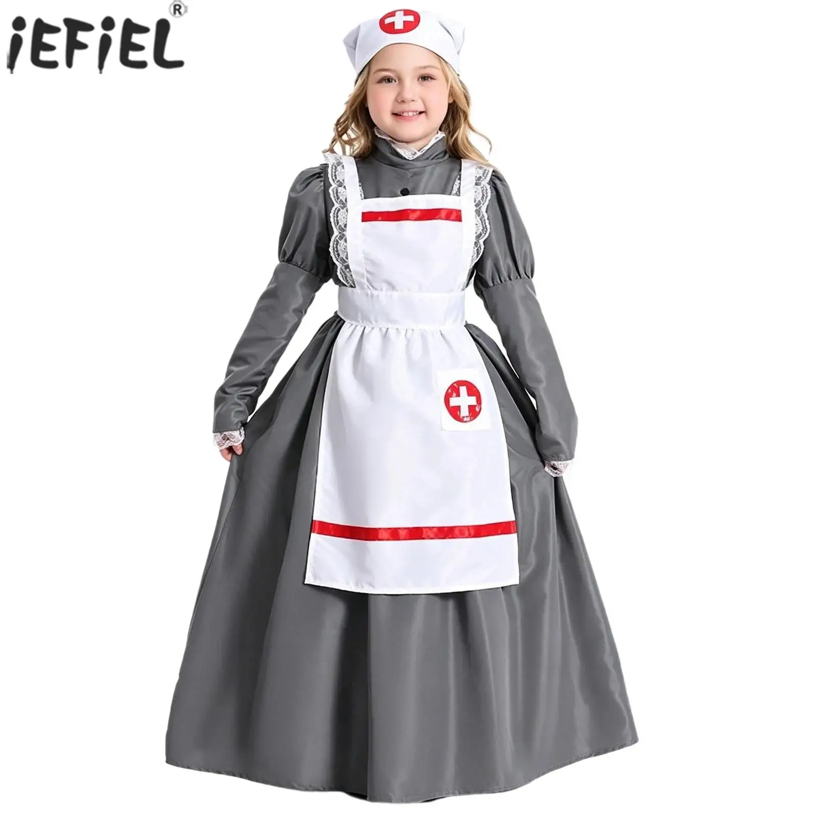 

Kids Girls Nurse Maid Cosplay Costume Long Puff Sleeve Lace Trim Dress with Apron Headscarf Halloween Colonial Victoria Dress Up