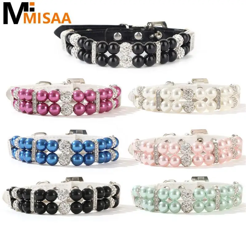 Pearl Pet Collars For Dogs And Cats Simple To Use Easy To Assemble And Disassemble Abs/pu Pet Accessories Rhinestone Cat Collar