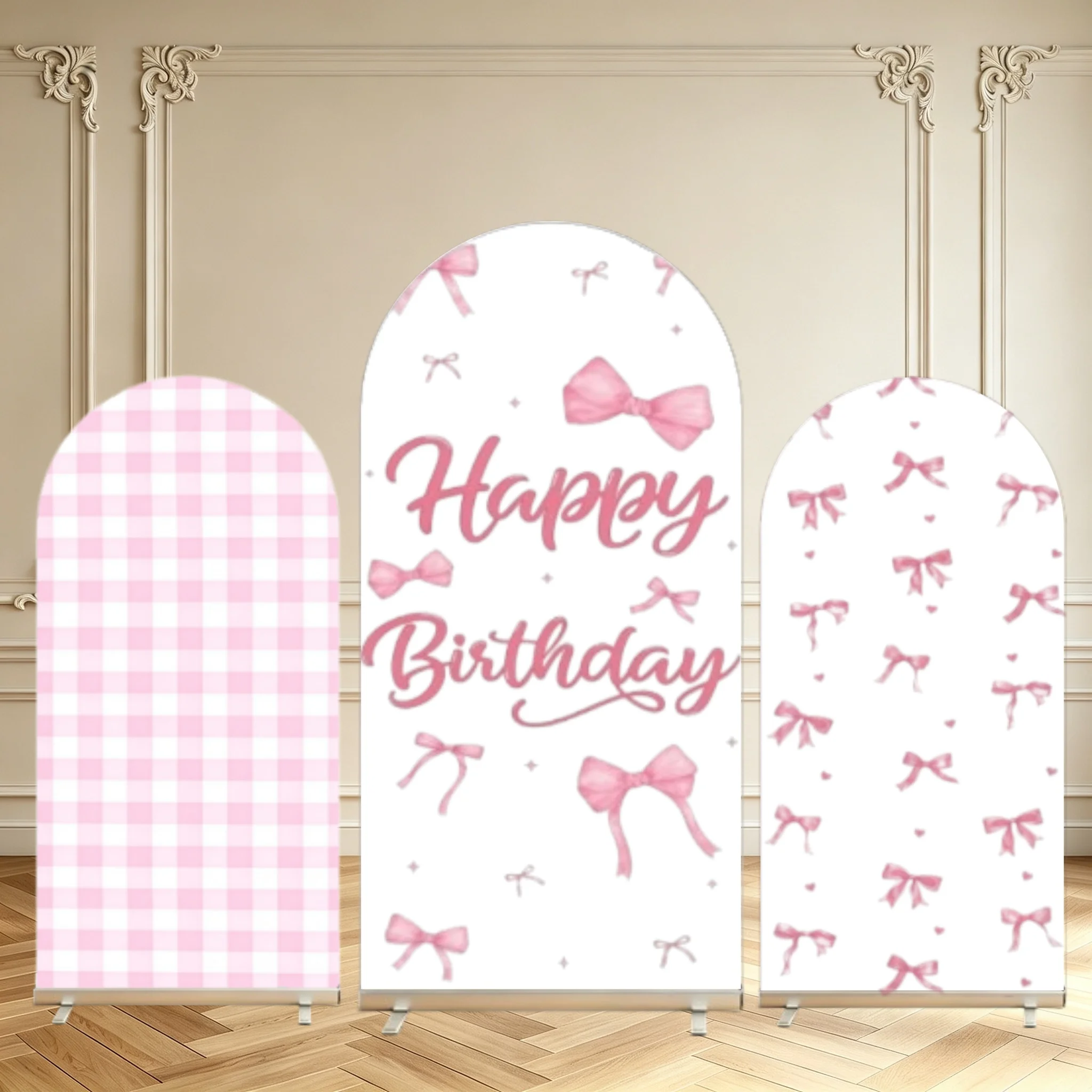 Toile de fond d'arche de décoration d'anniversaire pour fille, rose pastel, nœud, carreaux gingham, nœud, toile de fond d'arche double face pour fête d'anniversaire