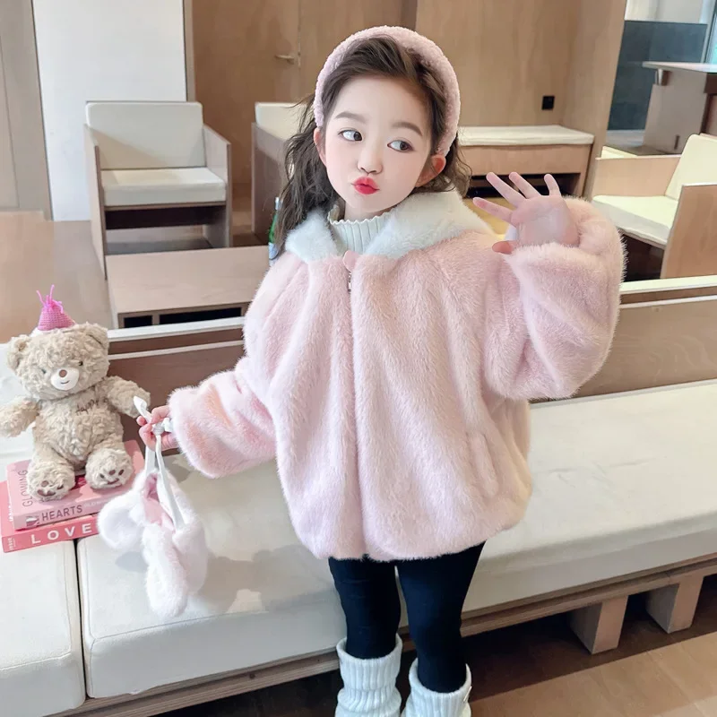 Baby Girl Winter 2024 New Fashion Fleece Pink Sweet and Cute Hooded Sweater Girl Thicker Jacket Baby Girl Winter Clothes