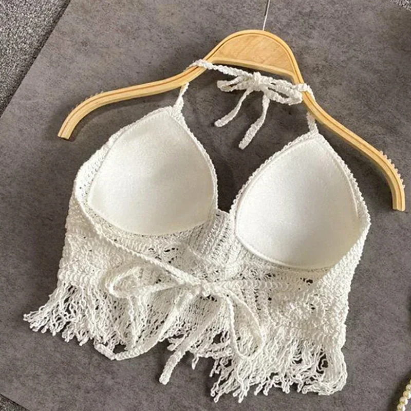 Top corto para mujer, sujetador de traje de baño de punto de ganchillo, chaleco sin espalda, camiseta sin mangas con borlas huecas, camisola Sexy para vacaciones en la playa, Tops cortos para mujer