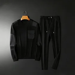 Europe 2025 New Fall Men's Crew Neck Sweatshirt Trouser Sportswear Suit Plus Size Patchwork Two-Piece