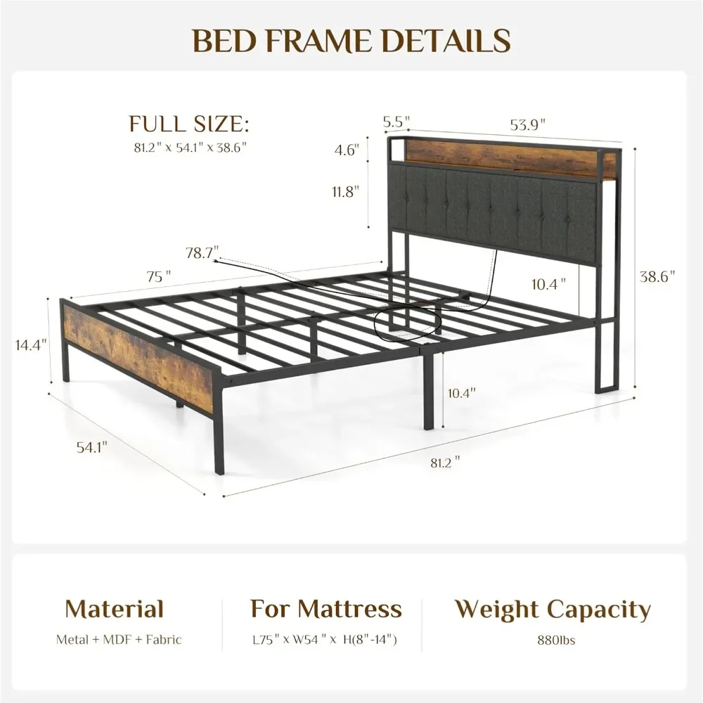 Full Size Platform Bed Frame with Upholstered Headboard, USB Ports Charging Station, No Box Spring Needed, Noise Free, Bed Frame