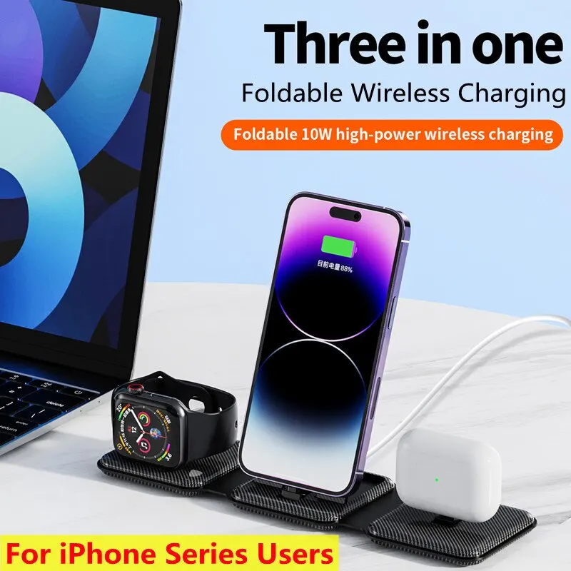 3 In 1 Foldable Fast Charging Station Pad 10W Wireless Charger Stand Dock For iPhone 15 14 13 12 11 Apple Watch 8 7 AirPods Pro