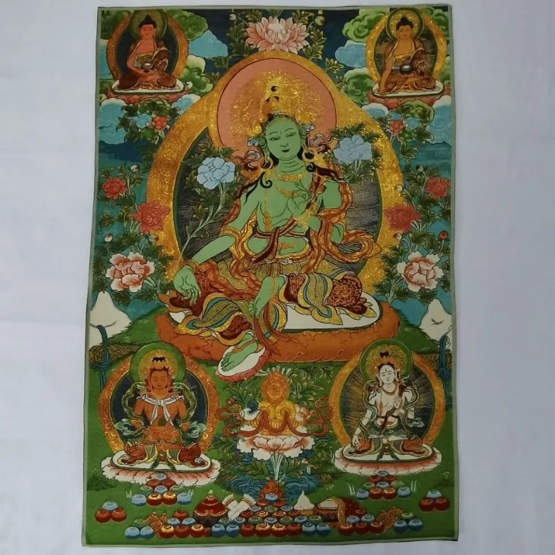Tibetan Buddhism Green Tara Guanyin Tangka Brocade Embroidery Wall Hanging Mural Home Buddhist Hall Wall Decoration Painting