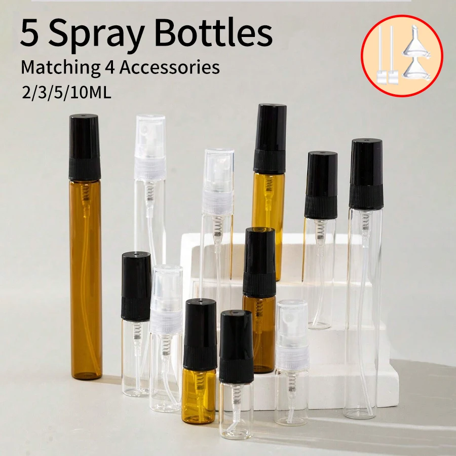 Botella pulverizadora de perfume portátil, 5 piezas + 4 accesorios con 5 botellas pulverizadoras, 2 embudos, 2 dispensadores, 3ml/5ml/10ml