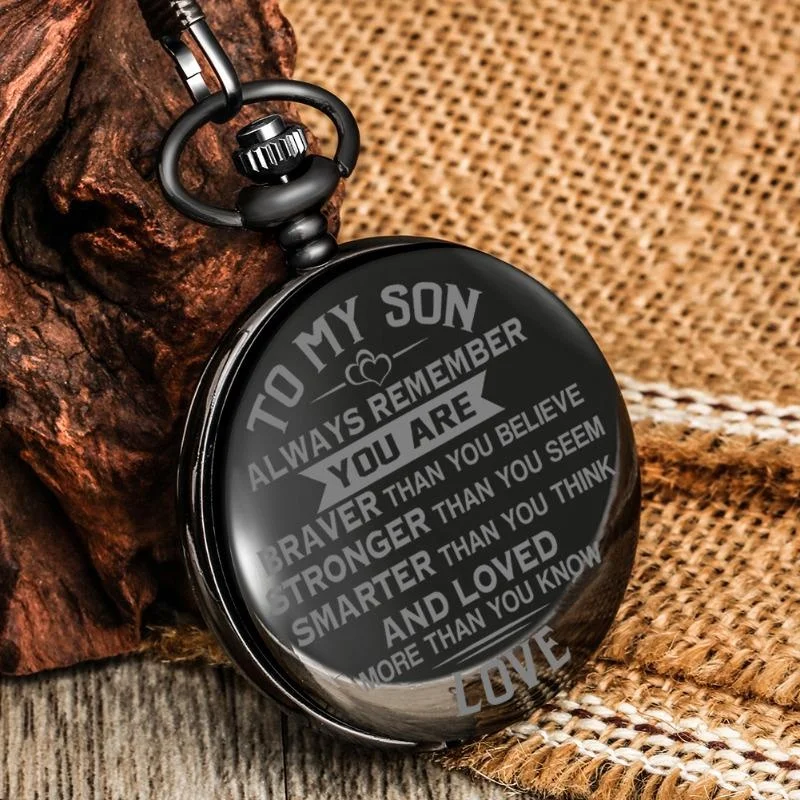 Antique Style To My Son Pocket Watch Braver Stronger Smarter Pattern Kid Boy Quartz Analog Timepiece Fob Pendant Chain Gift