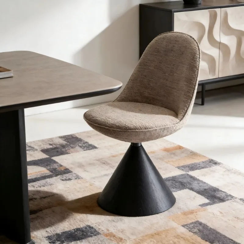 Light Brown Fabric Black Cone Base Swivel Dining Chair Modern Light Luxury Style Home Furniture Durable Lightweight Easy Move