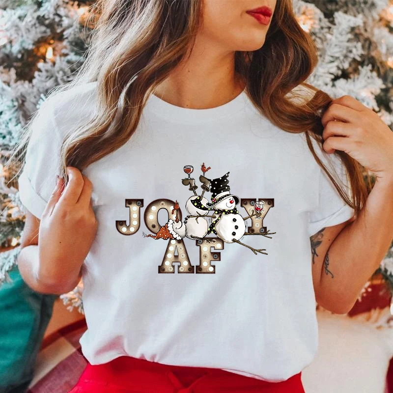 Camiseta estampada com letra Joy Af Snowman para mulher, camiseta feminina de verão, manga curta, gola redonda, casual, Natal, Premium, novo