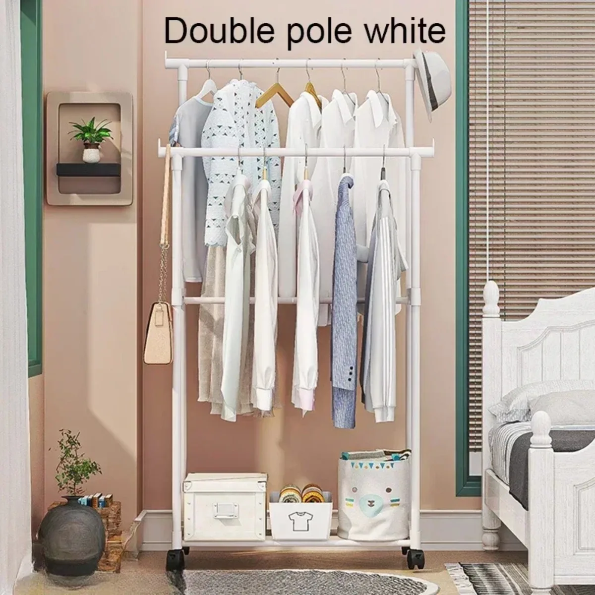 

Simple Wheeled Coat Rack Double Simple Rod Clothes Coat Shelf Bedroom Hanging Rack Floor-Standing Telescopic Storage Clothes