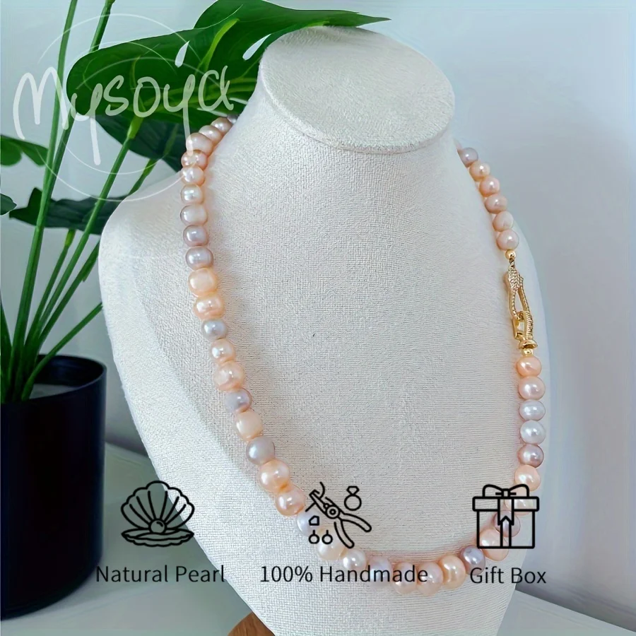 

MYSOYA Handmade Freshwater Pearl Necklace Unisex Gift Box Wedding Daily Jewelry Birthday Anniversary Christmas Gift Snake Clasp