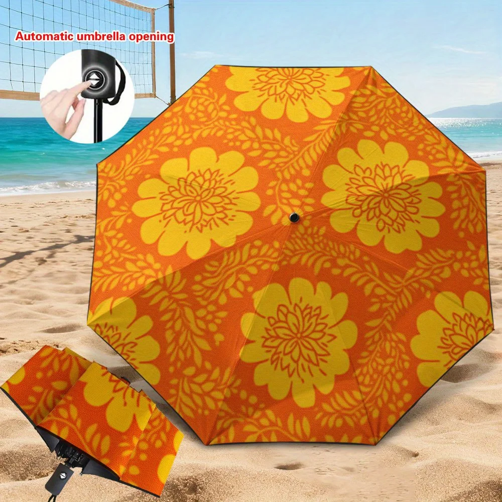 

1pc Automatic Open/Close Umbrella with Blocking Canopy, 8-Rib Heavy-Duty Frame & Golden Hawaiian Hibiscus Pattern - Portable C