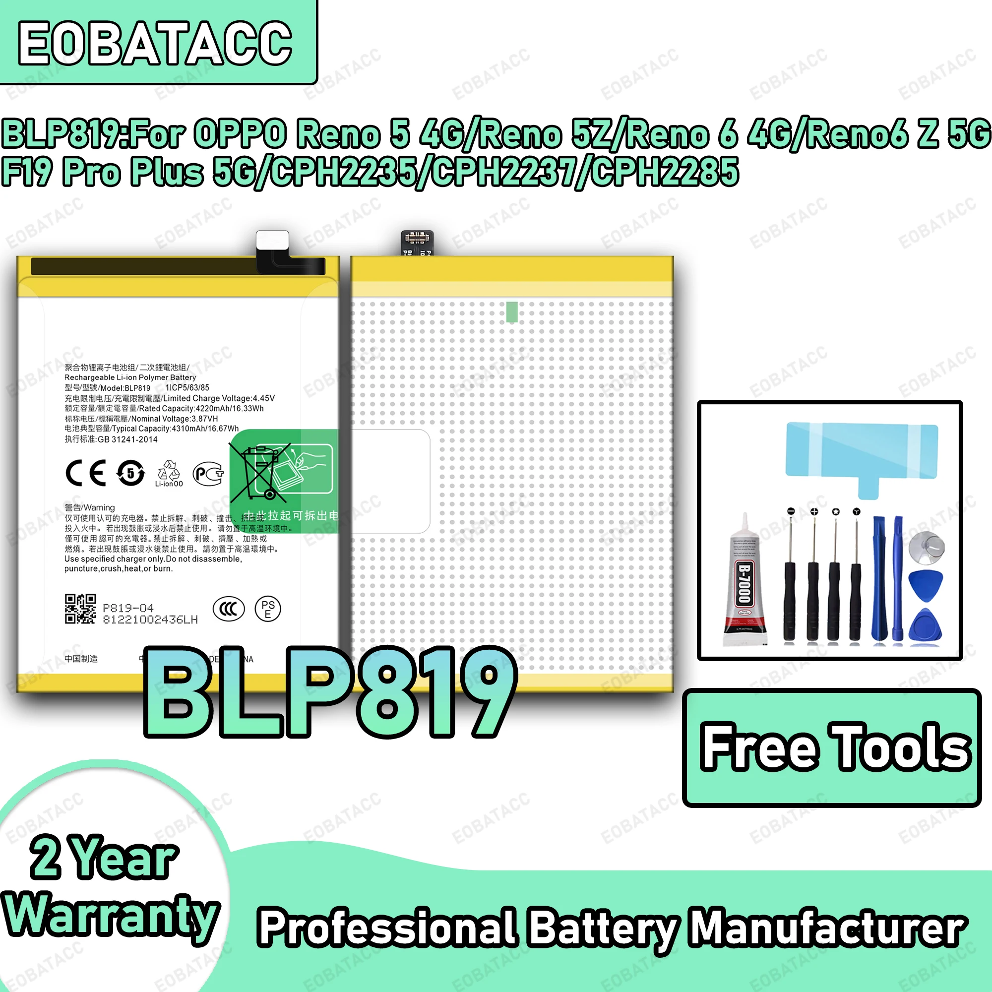 

100% New Zero Cycle BLP819 Battery For OPPO Reno 5 4G/Reno 5Z/Reno 6 4G/Reno6 Z 5G Replacement Batteria Battery+Free Tools