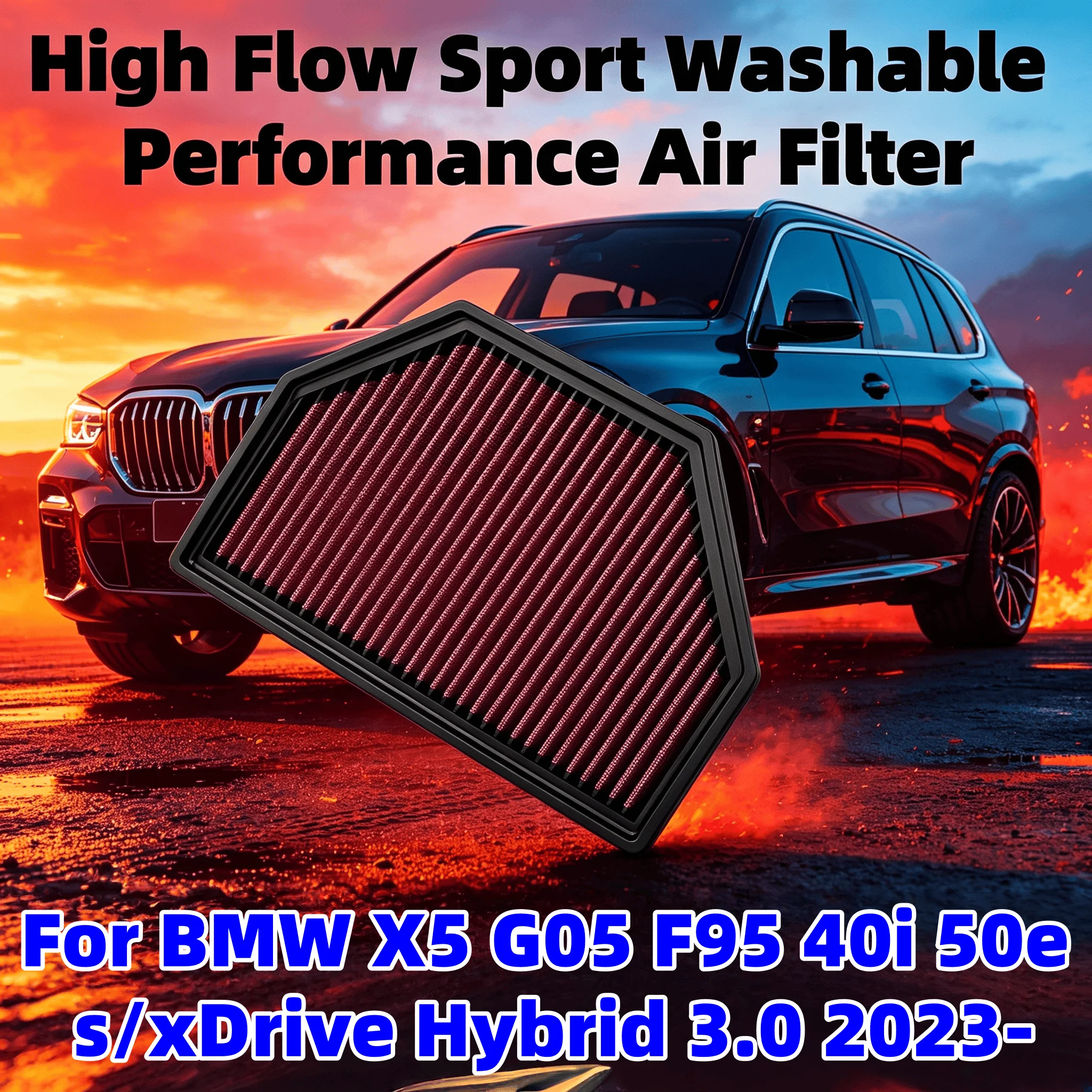 High Flow Sport Washable Performance Air Filter For BMW X5 G05 F95 40i 50e S/XDrive Hybrid 3.0 2023- 33-5158 13715A24FB2 FB01177
