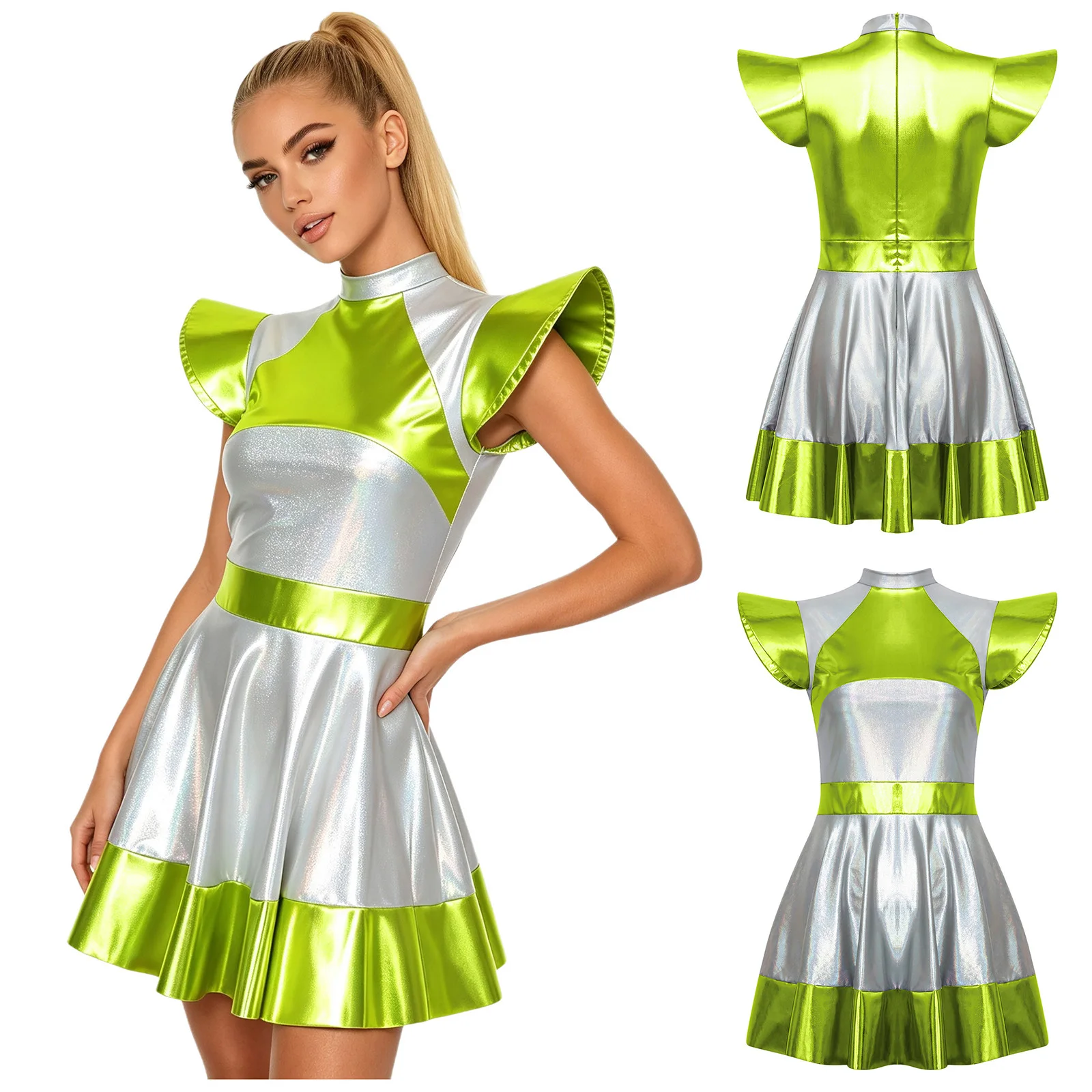 Women Alien Space Robot Galaxy Warrior Costume Metallic Shiny Fly Sleeve Zipper Dress for Halloween Theme Party Masquerade