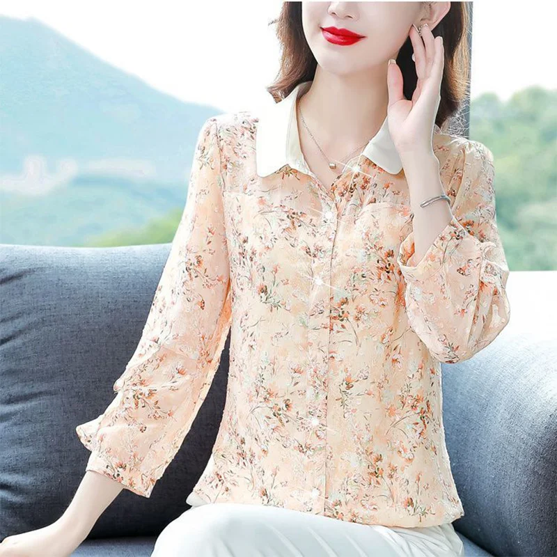 Chemise en mousseline de soie à manches longues pour dames, chemisier à simple boutonnage, haut cardigan féminin, imprimé floral élégant, mode