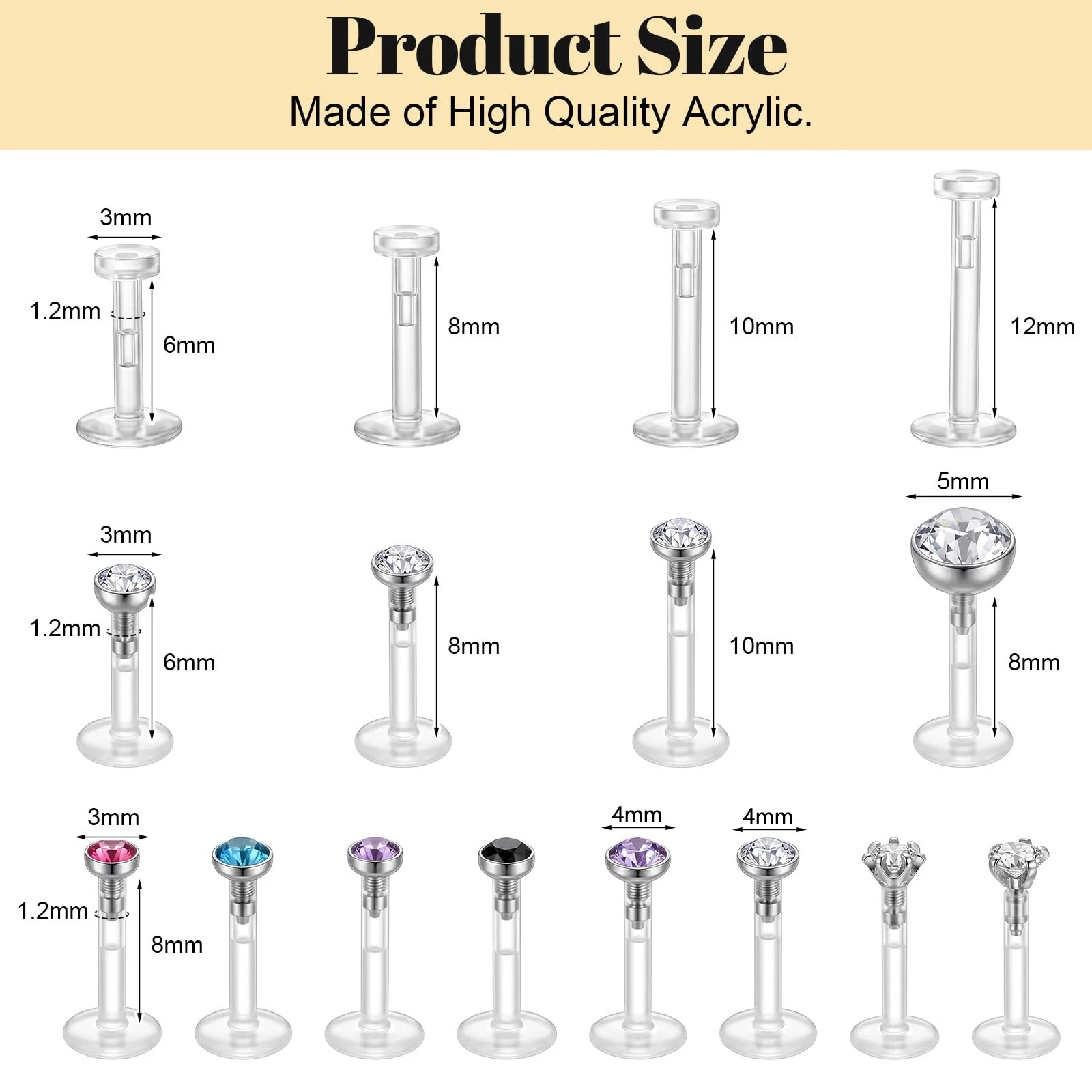 24 Pcs Clear Lip Rings Studs Earrings for Work Sport 16G Piercing Retainers Plastic Push in Lip Labret Bioflex Flat Back Tragus