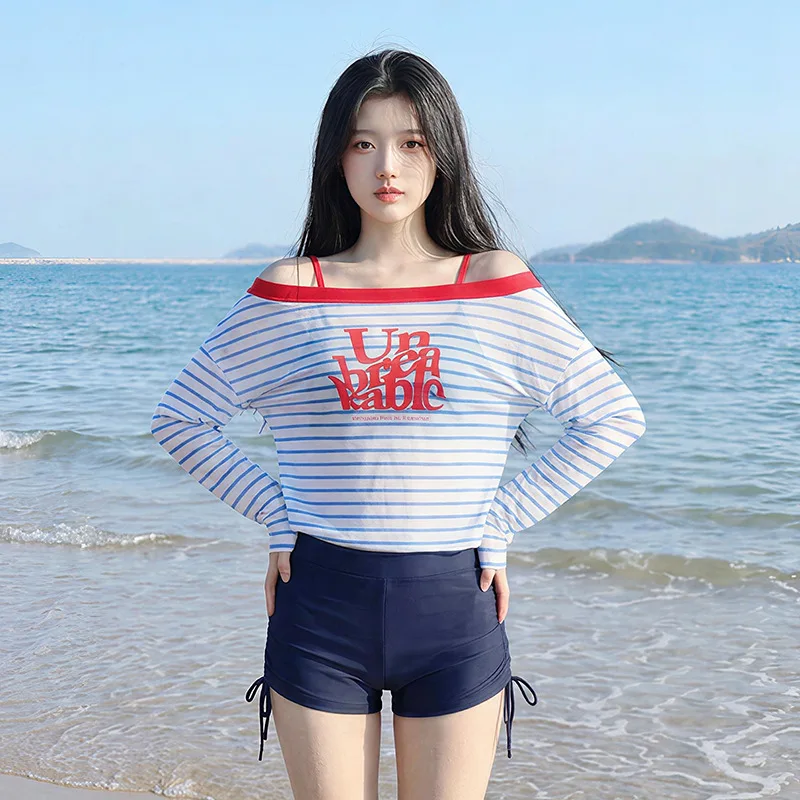 sexy blue striped long sleeve letter print smock top shorts bikinis sets 3pcs cute sweet swimsuits swimwear tankini biquini