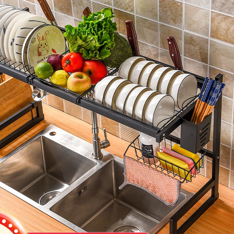 65/85cm Stainless Steel Dish Rack Drainer Kitchen Storage Drying Shelf Tray Over Sink Utensil Holder Drain Kitchen Organizer