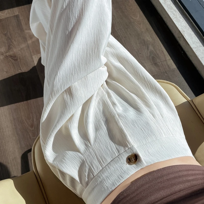 

Летние брюки 2025 года с высокой талией из ледяного шелка, повседневные, зауженные, тонкие, в корейском стиле, из эластичной ткани, смесь полиэстера и спандекса