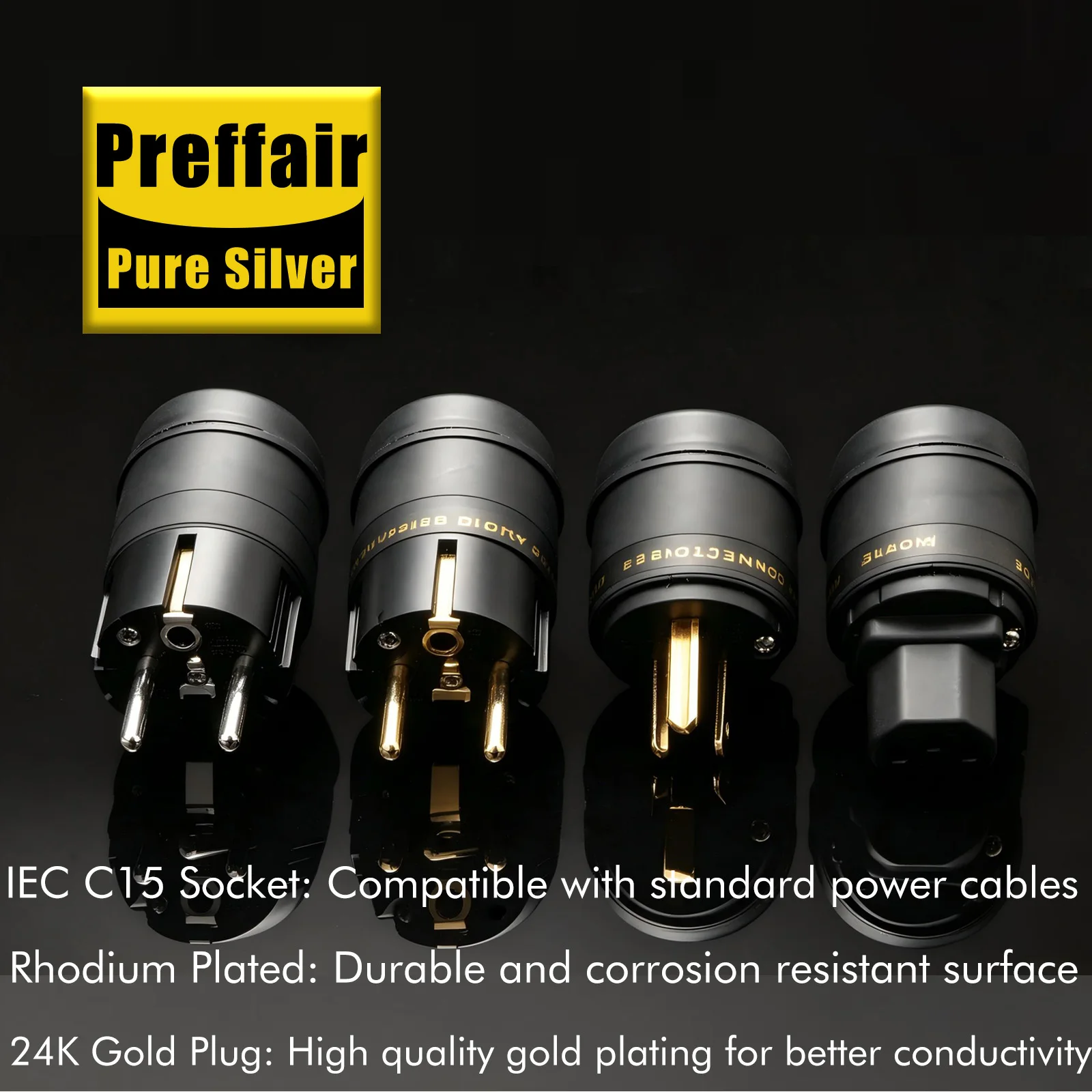 High Quality Preffair Rhodium /Gold Plated US/SCHUKO Mains Right Angle Male Plug to IEC C13 Female Socket HIFI Power Connector