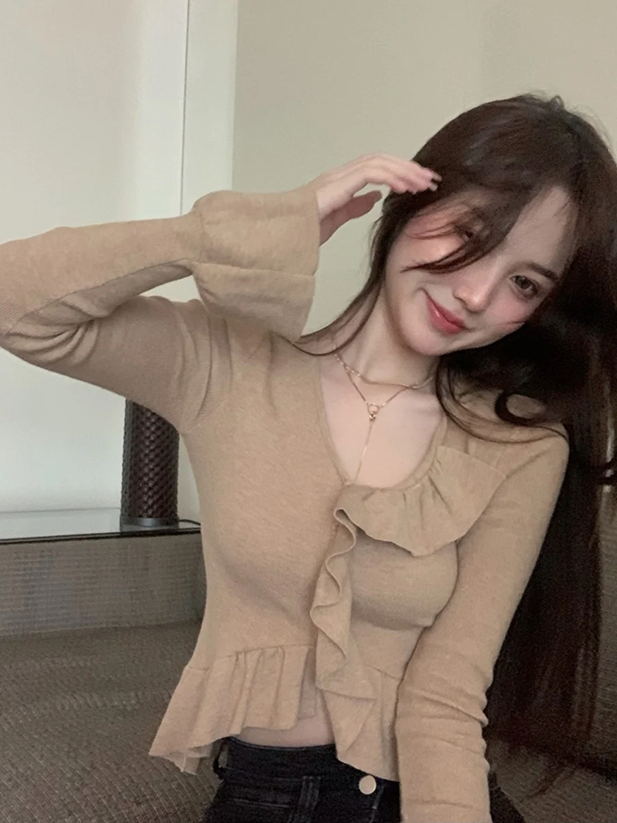 Sweet Style Long Sleeve Knitted Sweater Women's Autumn Winter plus Size Irregular Hem Bell Sleeve Base Layer Top