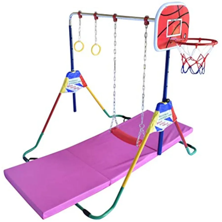 

Jungle Gym 4 in 1 Horizontal Bar with 2x6 FT Tumble Mat for Indoor Outdoor Play Adjustable Foldable Monkey Bar Playground Set w