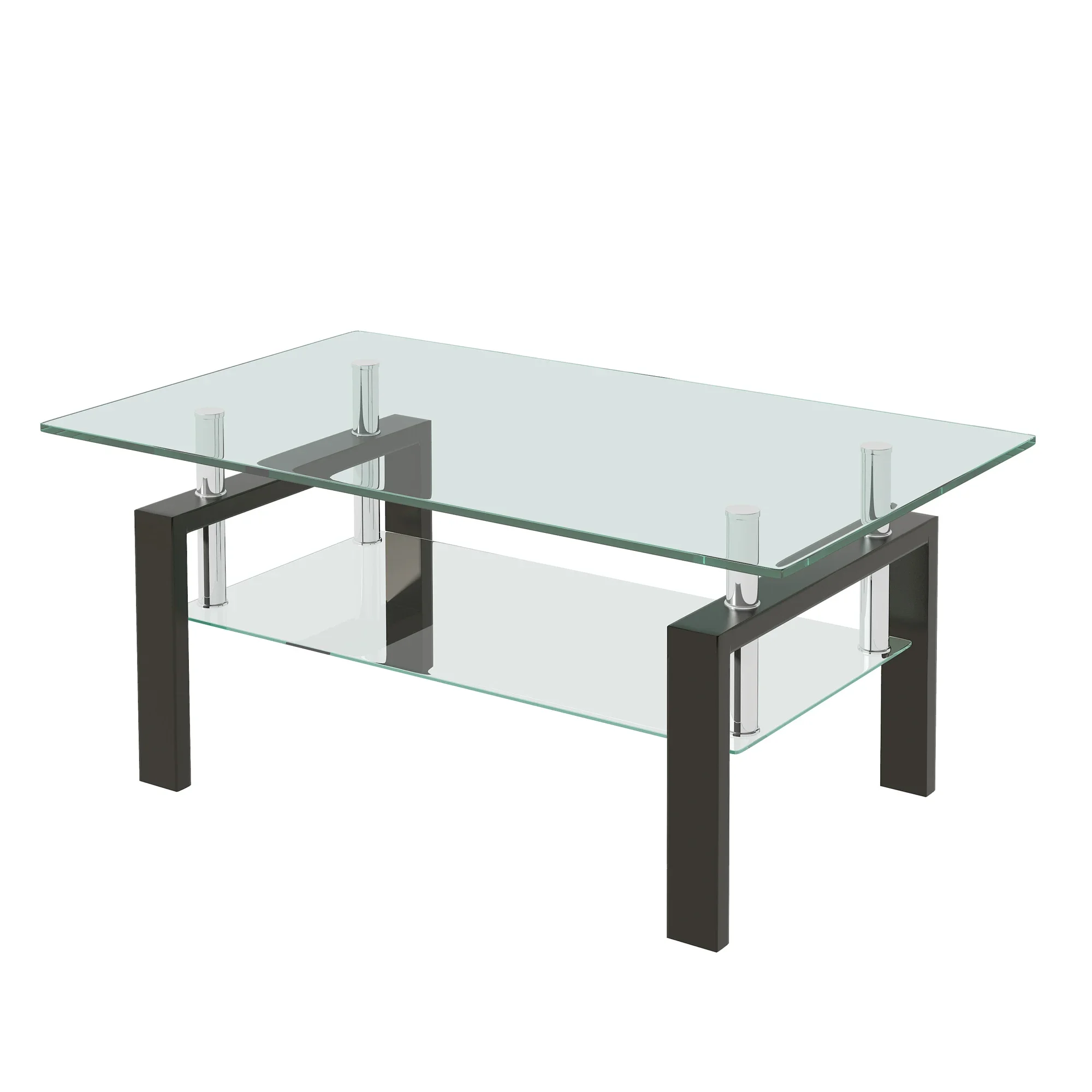 [Flash Sale]Tempered Clear/Black Glass Coffee Table 2-Layers Coffee Table Living Room Center Table[US-W]