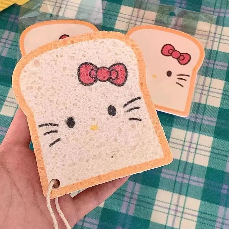 Limpiaparabrisas de esponja Kawaii Sanrio Hello Kitty, serie de pan tostado bonito, limpiaparabrisas para lavavajillas de cocina, juego de tarjetas de Anime, estropajo