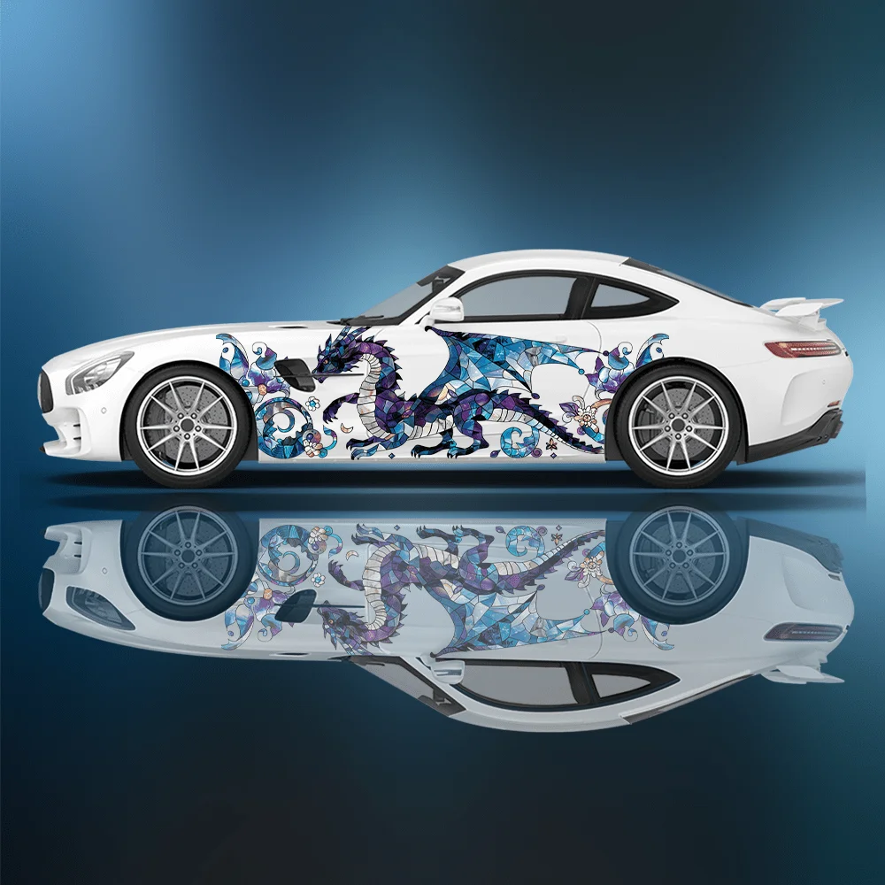 

Blue glass block-shaped dragon Car Side Wraps, Self-Adhesive PVC Waterproof & Scratch-Resistant Stickers, Car Accessory Gift
