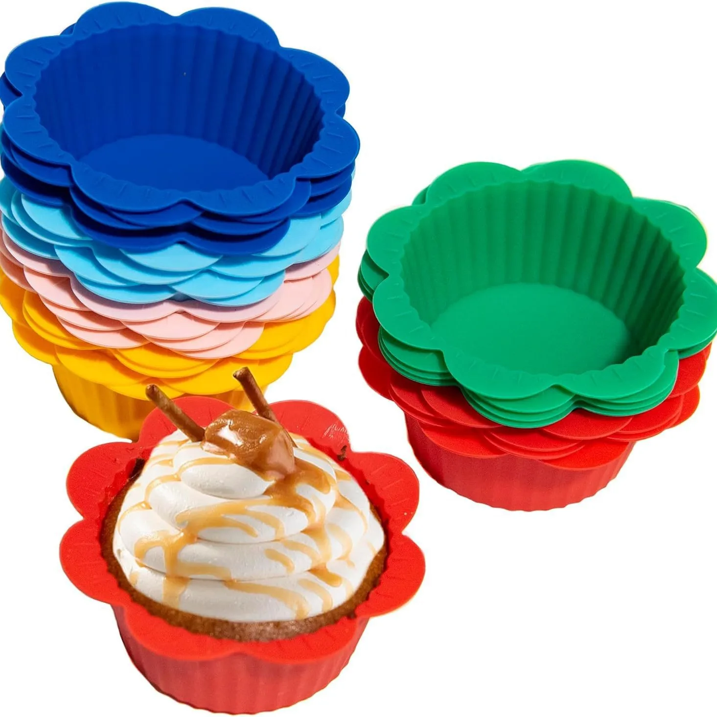 

【24 Pack Flower Muffin Pan】Silicone Baking Cups for Cupcakes, Jelly, Desserts - Non-Stick, Flexible, Easy Release Mold