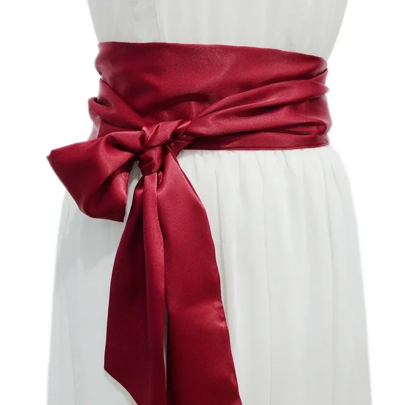 New Ladies' Belts Are Decorated with Burgundy Black Silk Wide Waist Seal and Long Ice Silk Lace Soft Accessories Belt