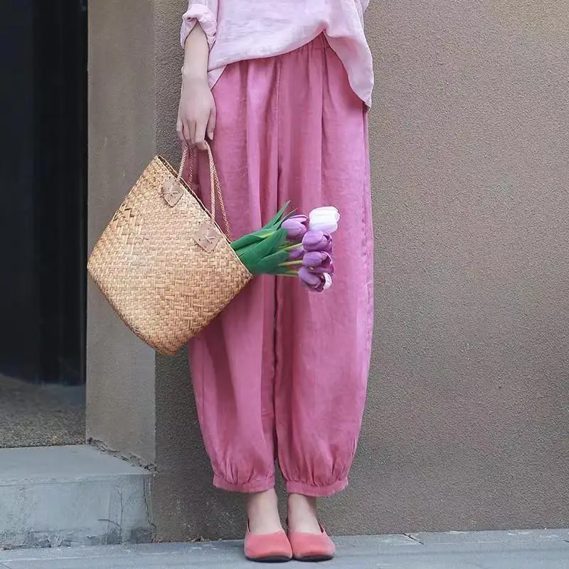 القطن الكتان فضفاض بلون اقتصاص السراويل النساء جديد الصيف البساطة مكتب سيدة واسعة الساق الاتجاه تظهر رقيقة سراويل تقليدية CQ6
