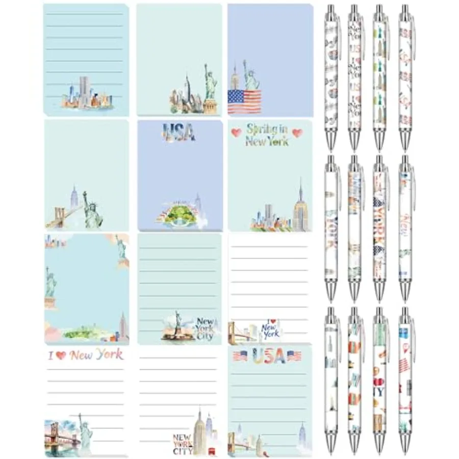 

New York Souvenirs Set, 12 Pack NYC Sticky Notes and Ballpoint Pen Set for Travelers Friends Women, Self-Stick Memo Notepads, N