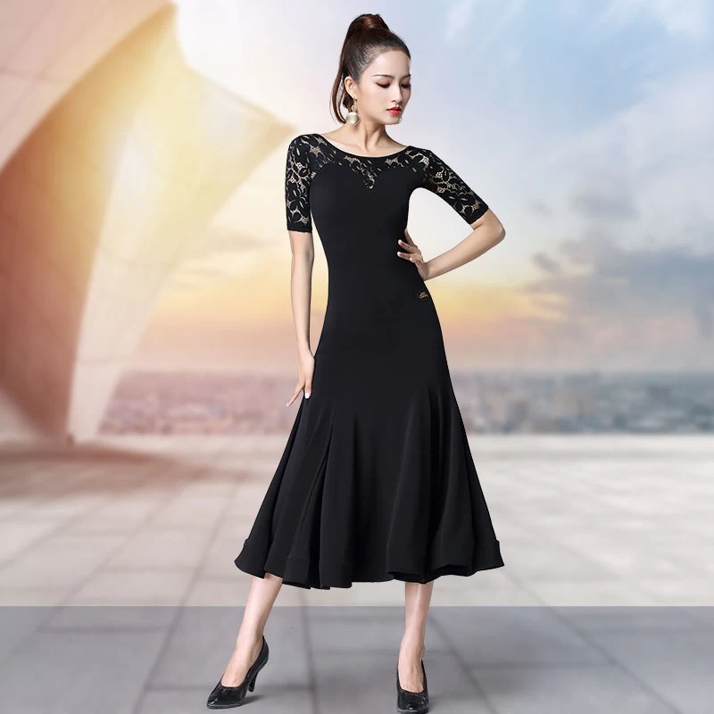 2025 New Ballroom Dance Costumes Competition Dress Modern Dance Women Lace Sleeve Dress National Standard Dance Clothes DN21049