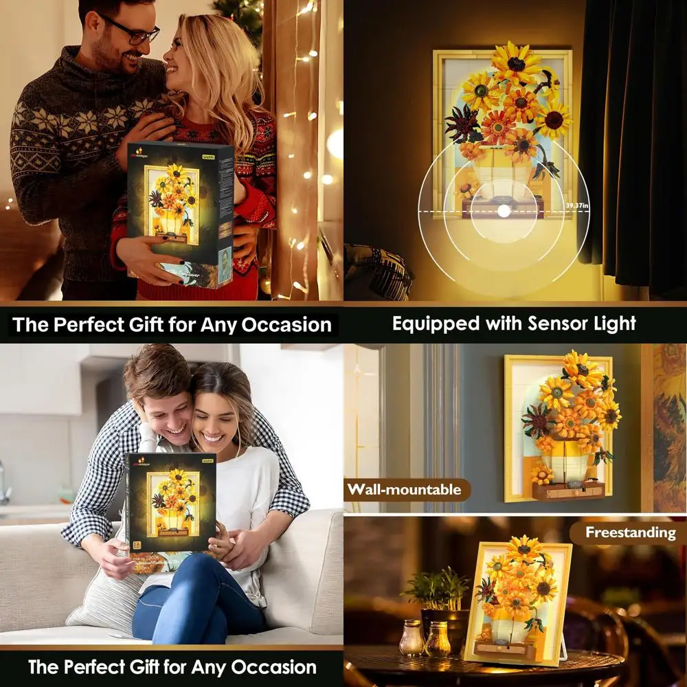 Sunflower Building Set with Lights: Adult Flower Art Craft, Van Gogh Inspired Wall Decor, Gift for Women & Girls